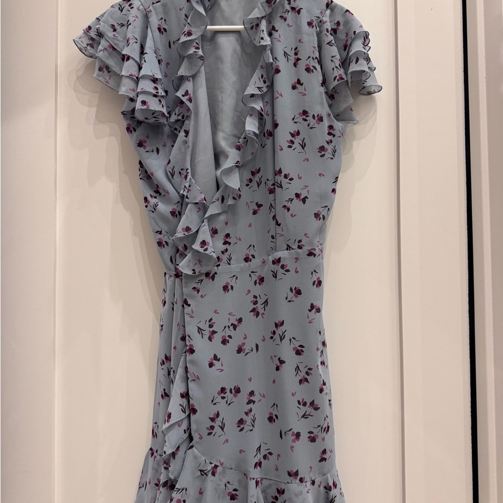 Blue wrap dress with purple flowers